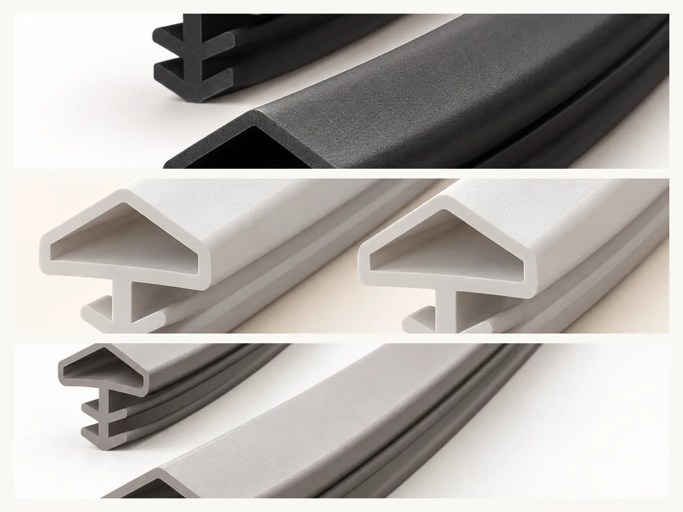 مقطع نوارهای درزگیر PVC در رنگ‌های مشکی، سفید و طوسی